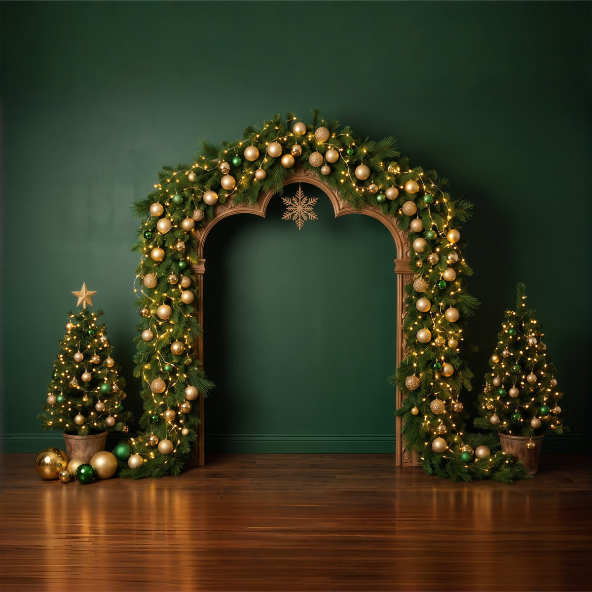 10x10 Christmas Backdrop Golden Evergreen Ornament Arch Christmas Wall Backdrop RR610-7