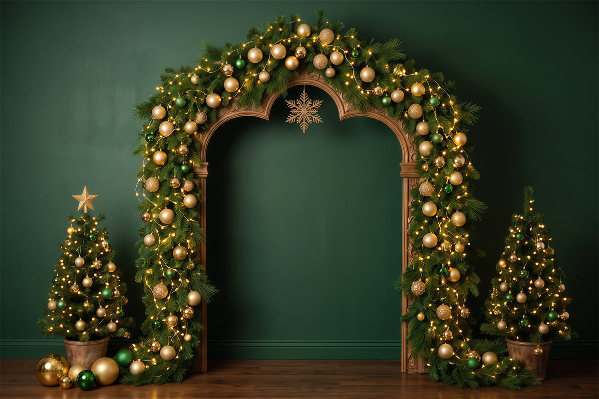10x10 Christmas Backdrop Golden Evergreen Ornament Arch Christmas Wall Backdrop RR610-7
