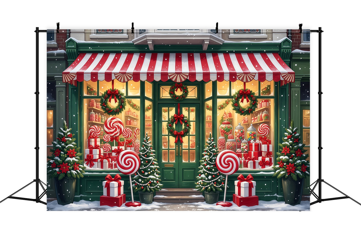 Christmas Candy Cane Backdrop Lollipop Candy Shopfront Merry Christmas Backdrop RR610-70