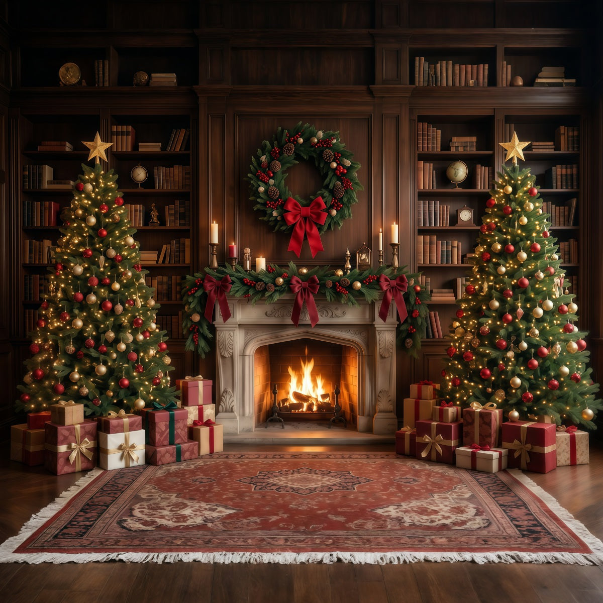 Christmas Backdrops for Photography Elegant Library Display Christmas Fireplace Backdrop RR610-71