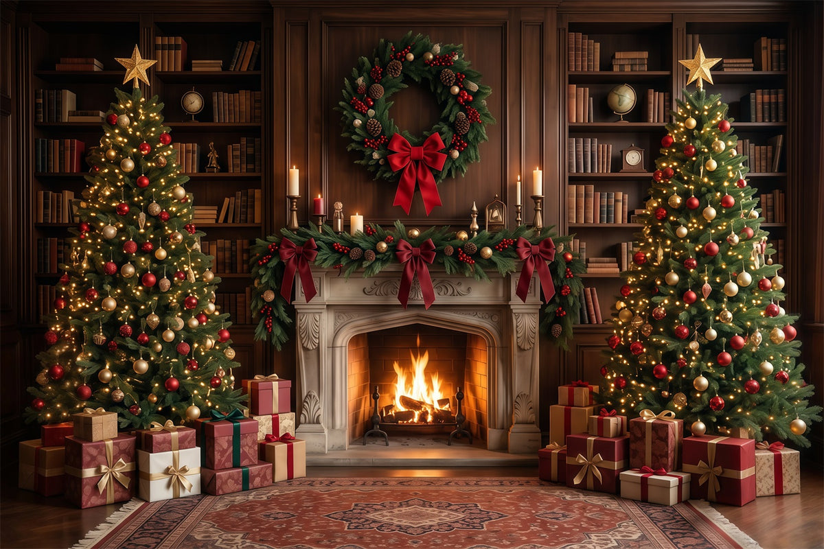 Christmas Backdrops for Photography Elegant Library Display Christmas Fireplace Backdrop RR610-71