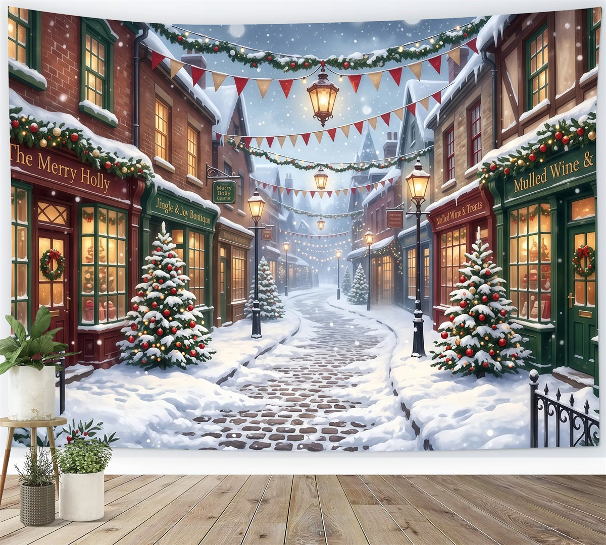 Christmas Village Backdrops Snowy Shopping Street Christmas Street Backdrop RR610-73