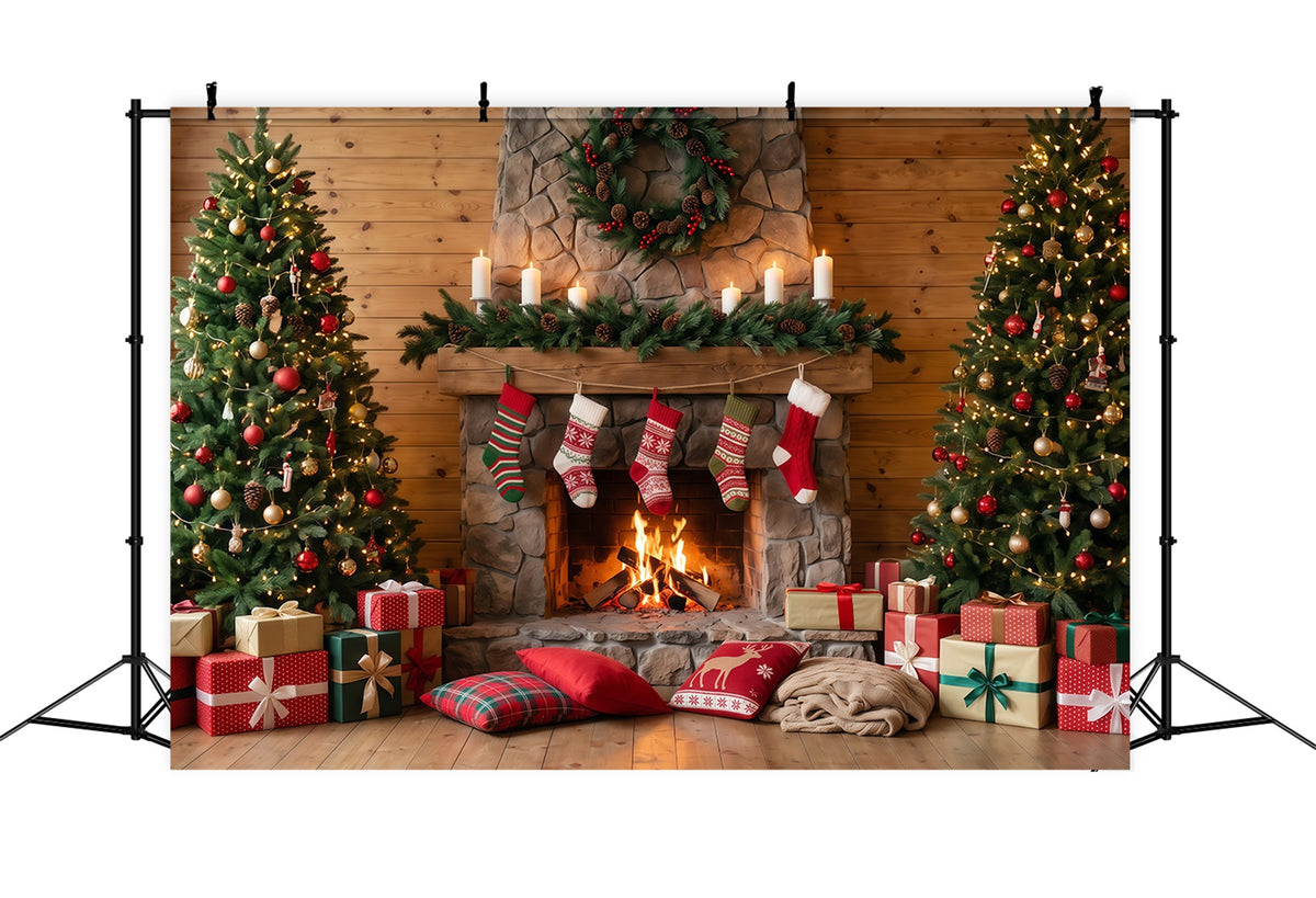 Christmas Fireplace Backdrop Rustic Stone Stockings Christmas Backdrop for Photography RR610-74