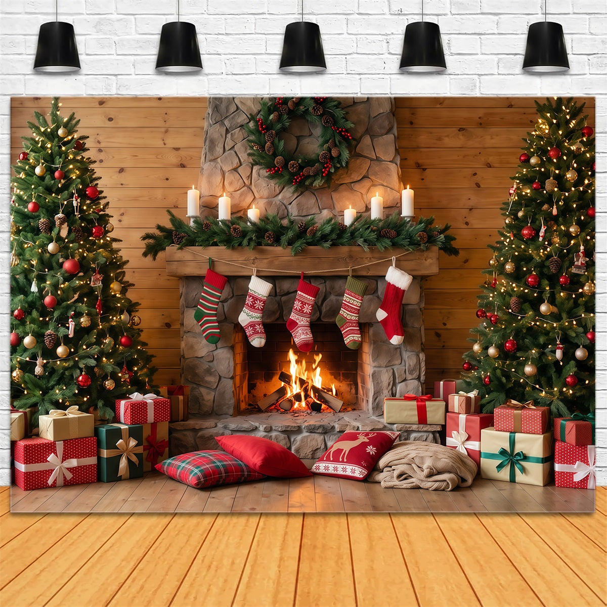 Christmas Fireplace Backdrop Rustic Stone Stockings Christmas Backdrop for Photography RR610-74