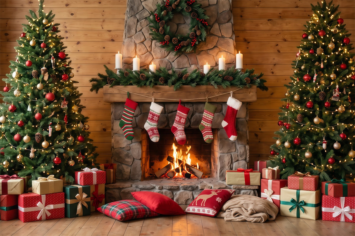 Christmas Fireplace Backdrop Rustic Stone Stockings Christmas Backdrop for Photography RR610-74