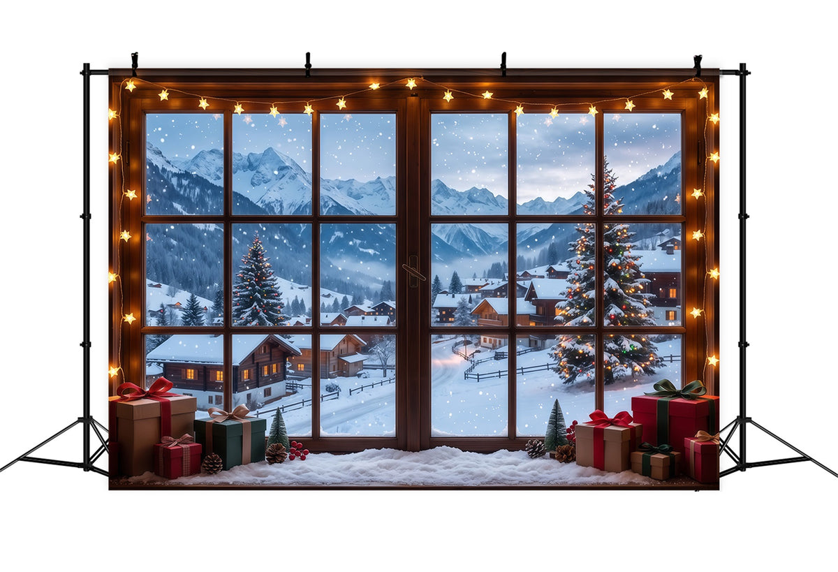 Winter Christmas Backdrop Snowy Alpine Cabin Window Christmas Village Backdrops RR610-77