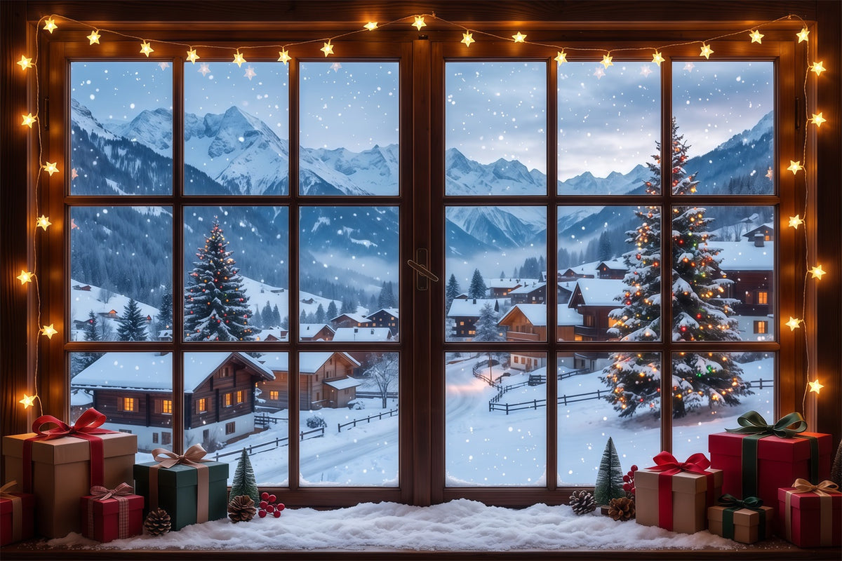 Winter Christmas Backdrop Snowy Alpine Cabin Window Christmas Village Backdrops RR610-77