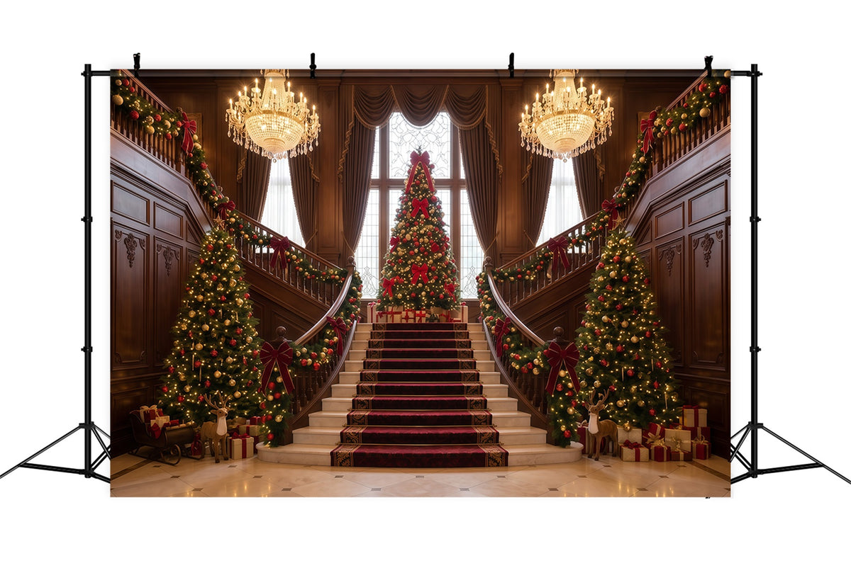Living Room Christmas Backdrop Grand Staircase Evergreen Display Christmas Wall Backdrop RR610-78