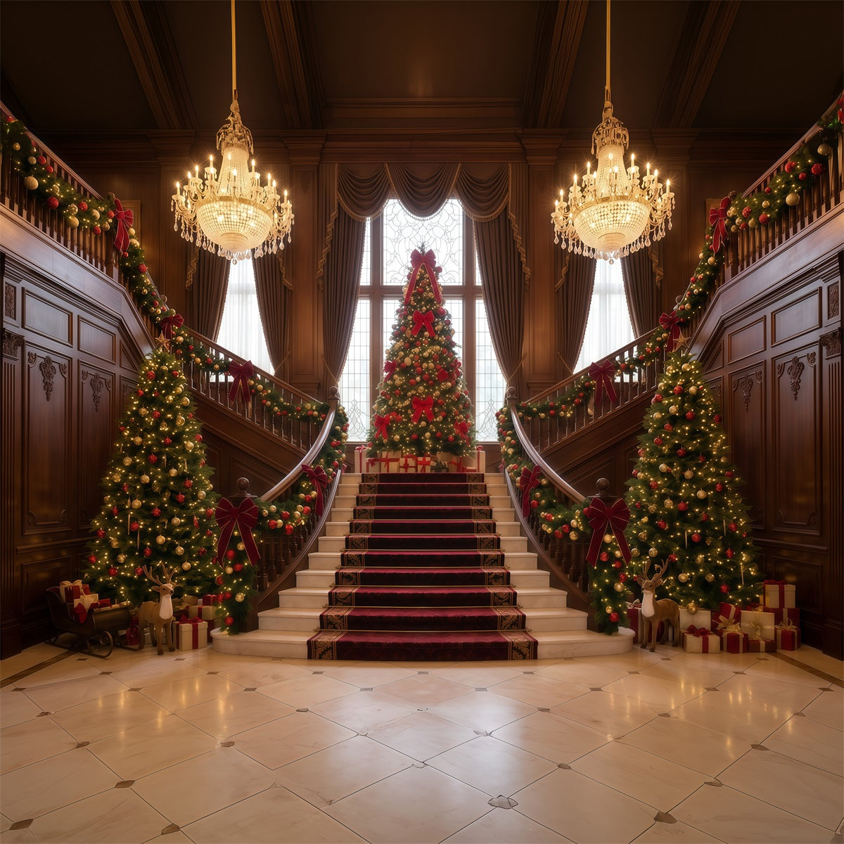 Living Room Christmas Backdrop Grand Staircase Evergreen Display Christmas Wall Backdrop RR610-78