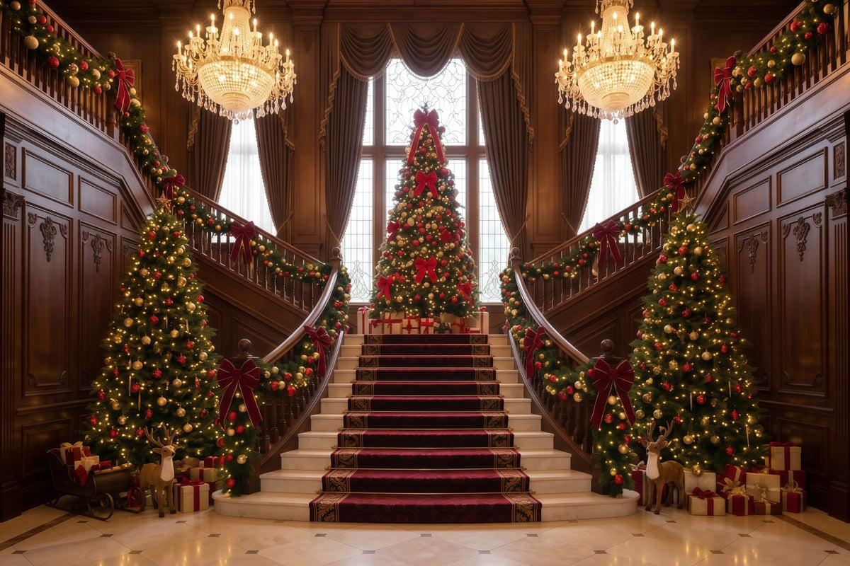 Living Room Christmas Backdrop Grand Staircase Evergreen Display Christmas Wall Backdrop RR610-78