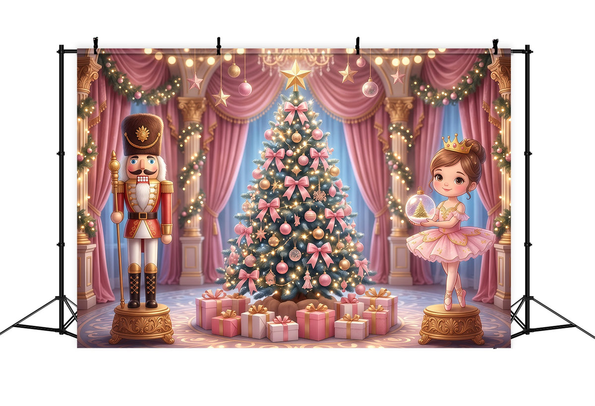 Nutcracker Ballet Backdrop Pink Palace Bow Tree Christmas Scene Backdrop RR610-8