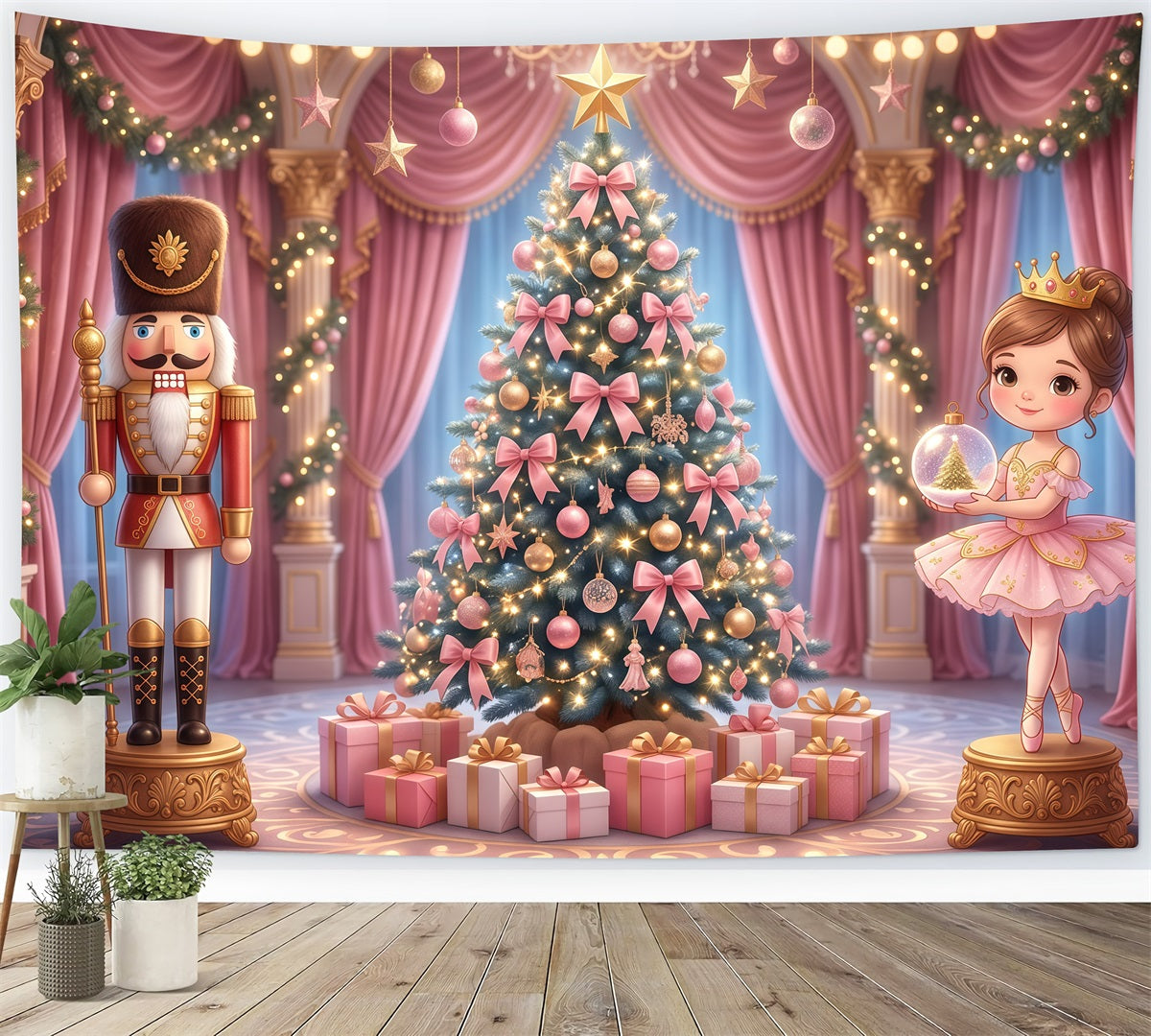 Nutcracker Ballet Backdrop Pink Palace Bow Tree Christmas Scene Backdrop RR610-8
