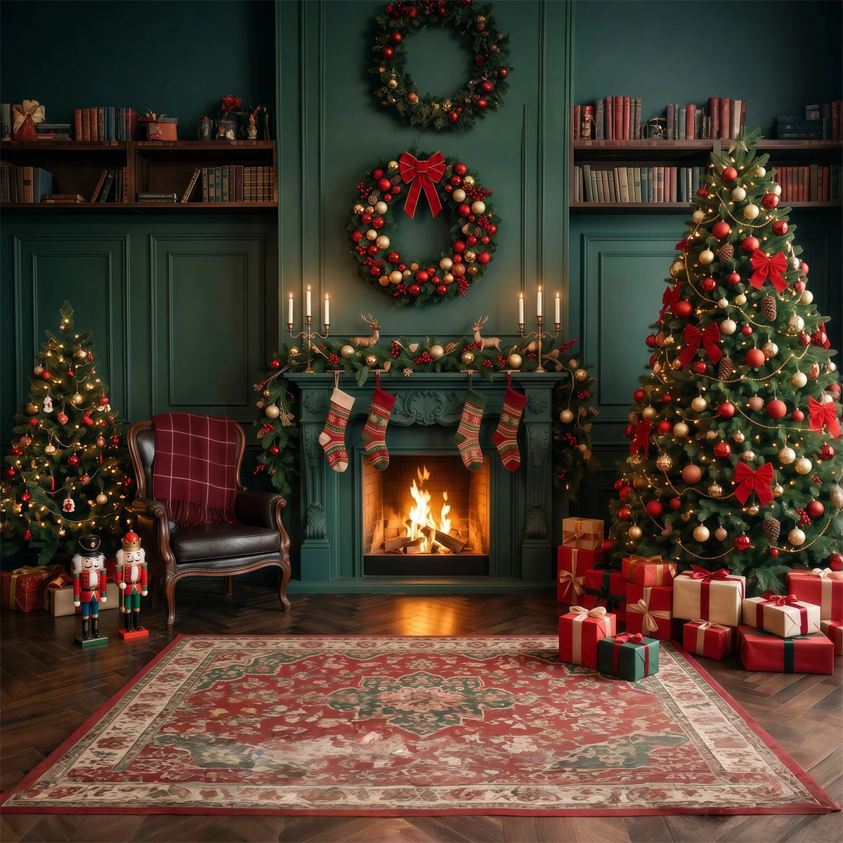 Christmas Fireplace Backdrops Emerald Stocking Display Christmas Scene Backdrop RR610-80