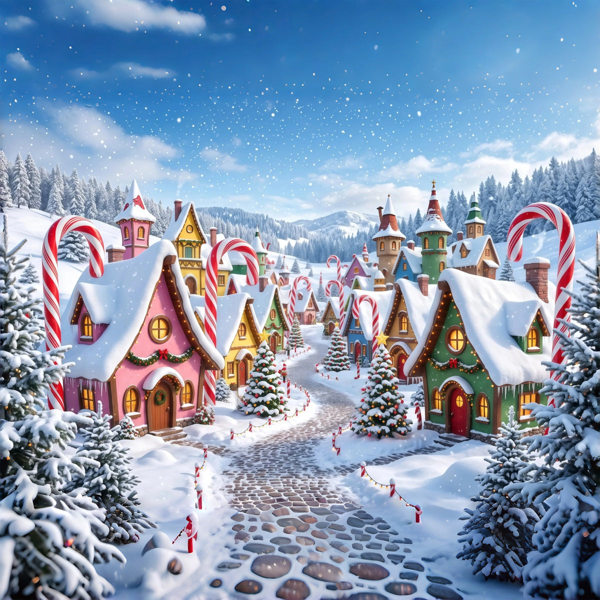 Christmas Village Backdrops Snowy Candy Cane Cottage Christmas Photo Backdrop RR610-81
