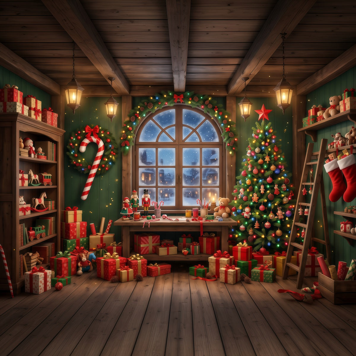 Santa Backdrop Festive Toy Workshop Window Christmas Backdrop RR610-82
