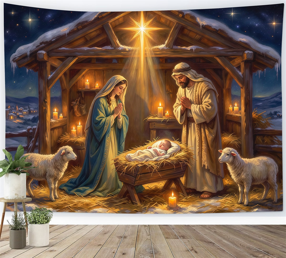 Nativity Scene Backdrop Starry Sky Manger Shelter Christmas Photo Backdrops RR610-84