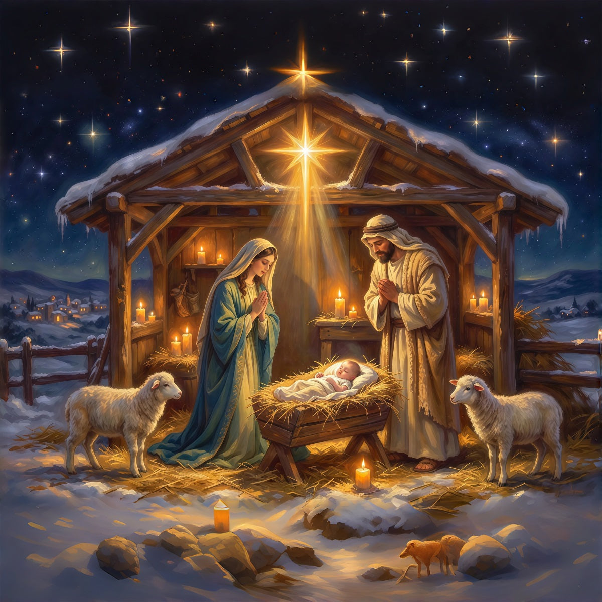 Nativity Scene Backdrop Starry Sky Manger Shelter Christmas Photo Backdrops RR610-84