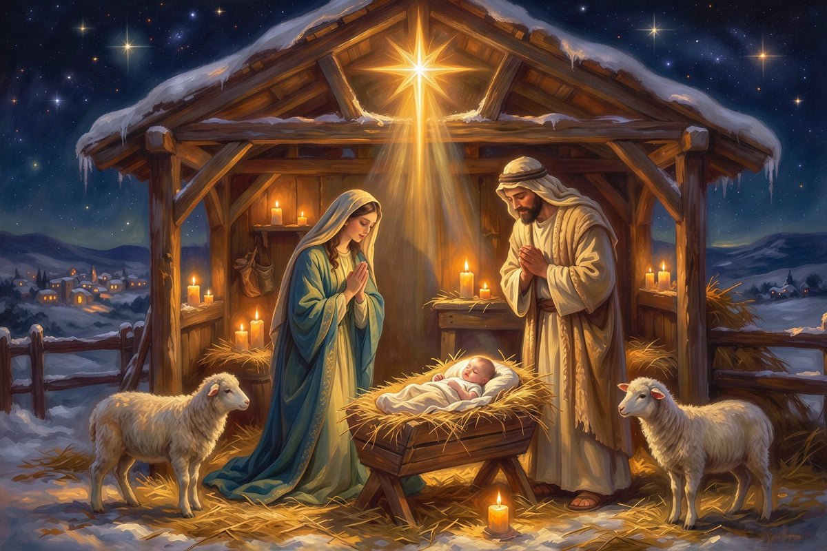 Nativity Scene Backdrop Starry Sky Manger Shelter Christmas Photo Backdrops RR610-84
