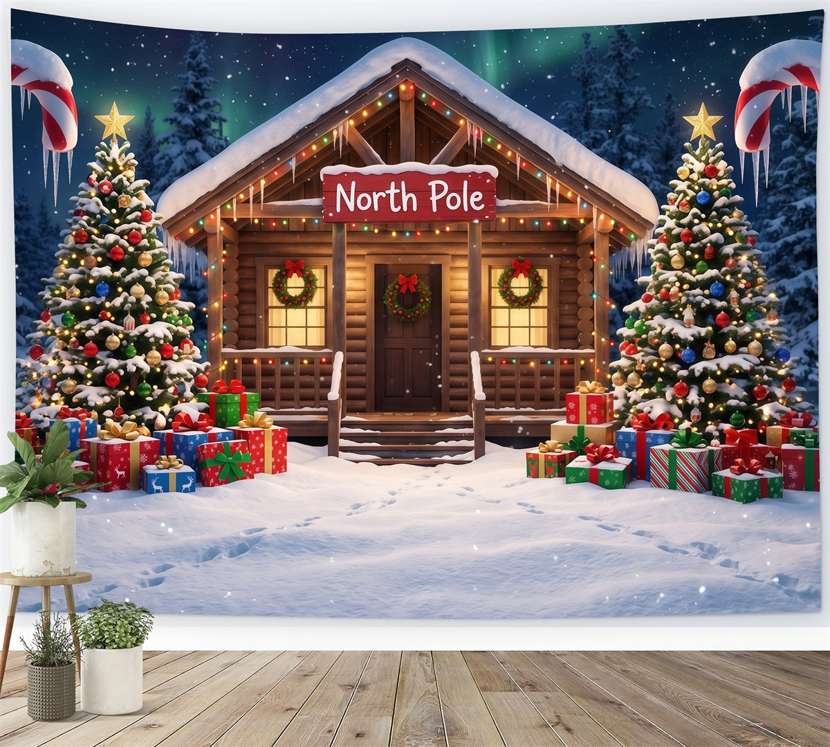North Pole Photo Backdrop Candy Cane Cabin Entrance Professional Christmas Backdrop RR610-86