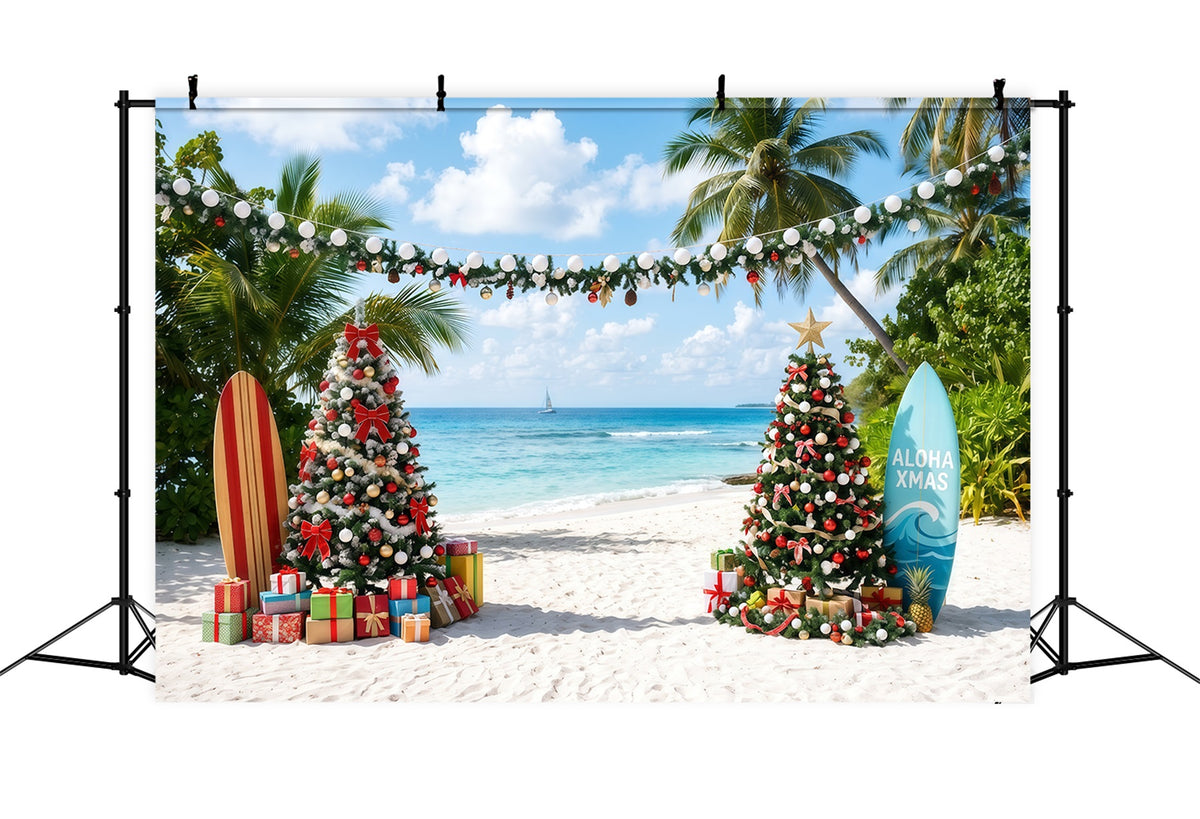 Tropical Christmas Backdrop Sea Beach Surfboard Display Christmas Backdrops for Photos RR610-87
