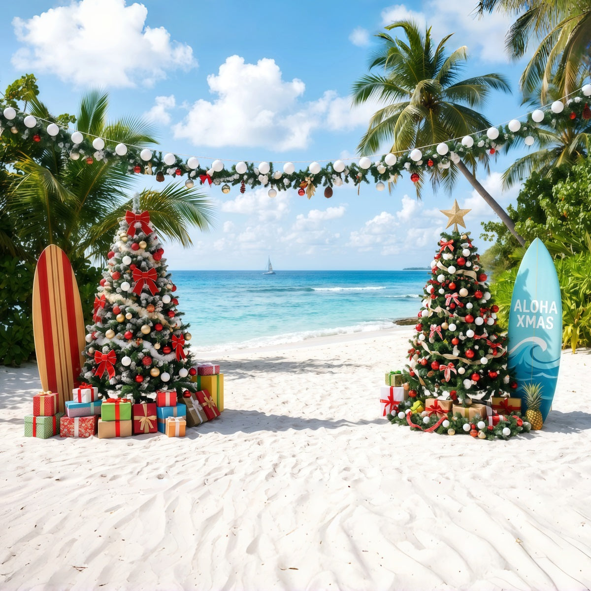Tropical Christmas Backdrop Sea Beach Surfboard Display Christmas Backdrops for Photos RR610-87