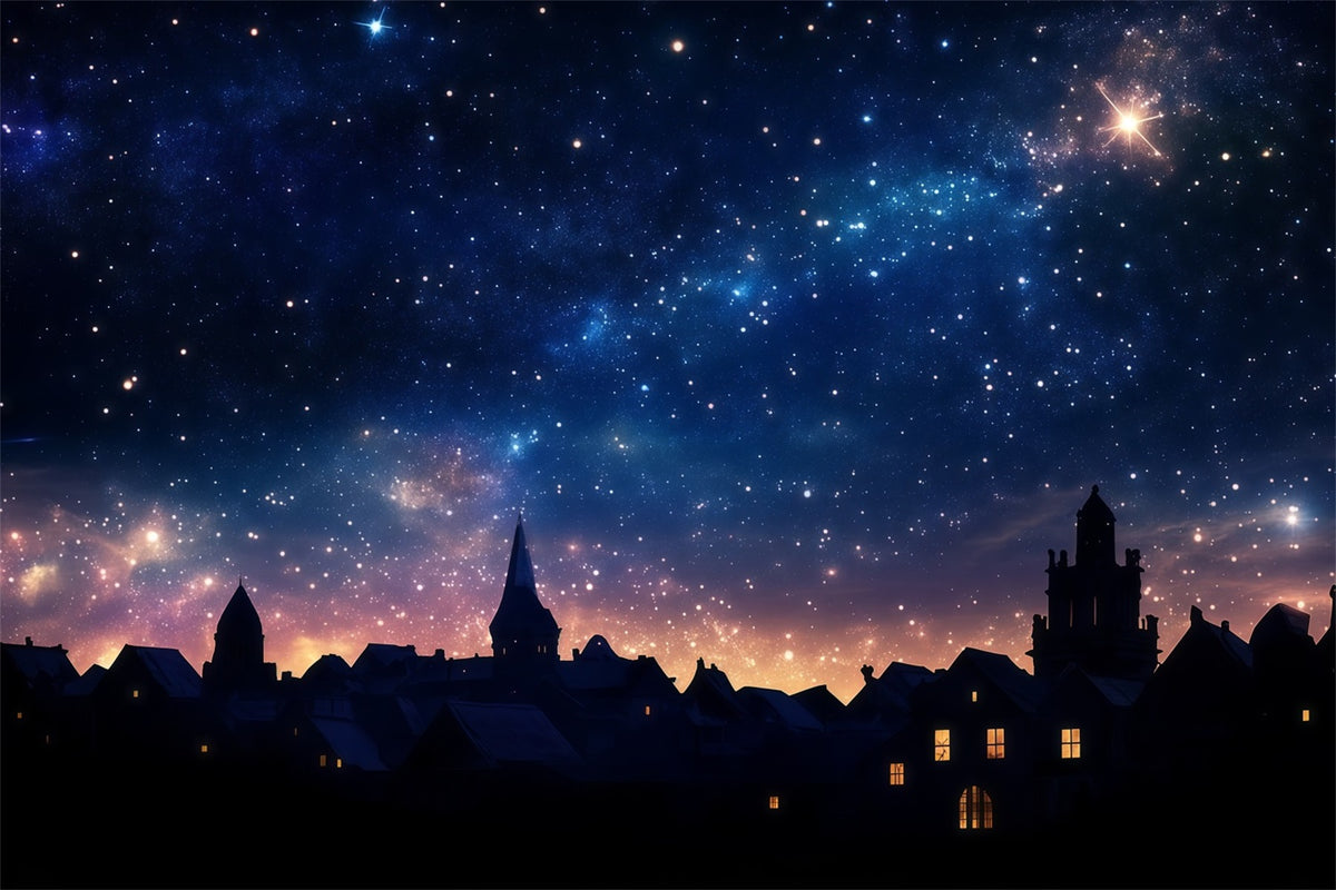 Nativity Scene Backdrop Starlit Village Silhouette Sky Christmas Photo Backdrop Ideas RR610-88