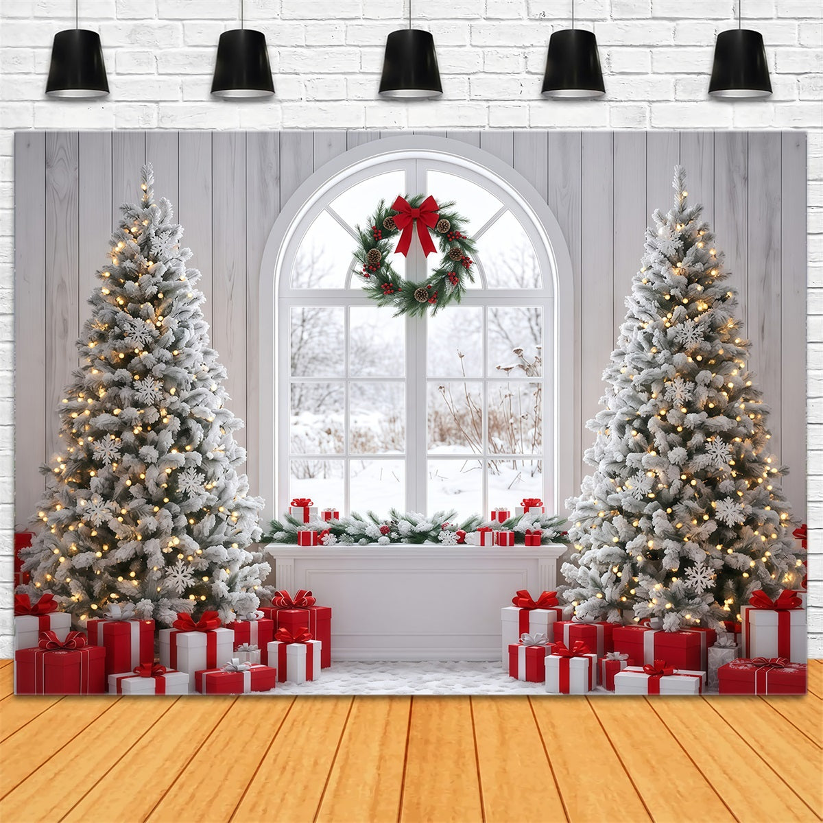 Photography Christmas Backdrops Snowy Window Tree Display Christmas Themed Backdrops RR610-9