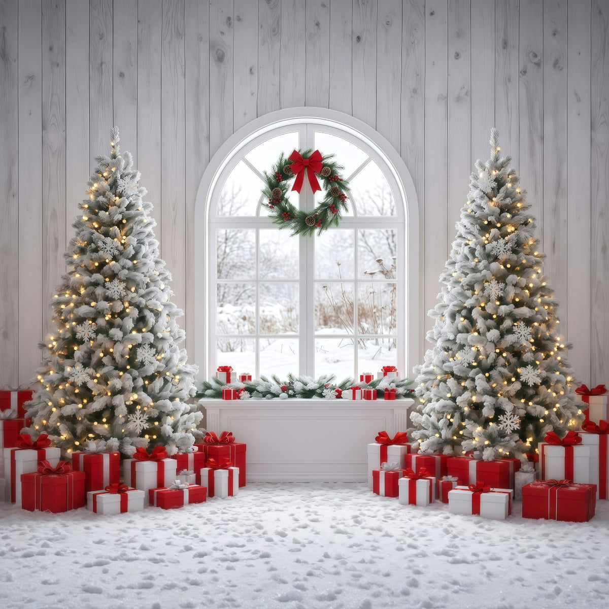 Photography Christmas Backdrops Snowy Window Tree Display Christmas Themed Backdrops RR610-9