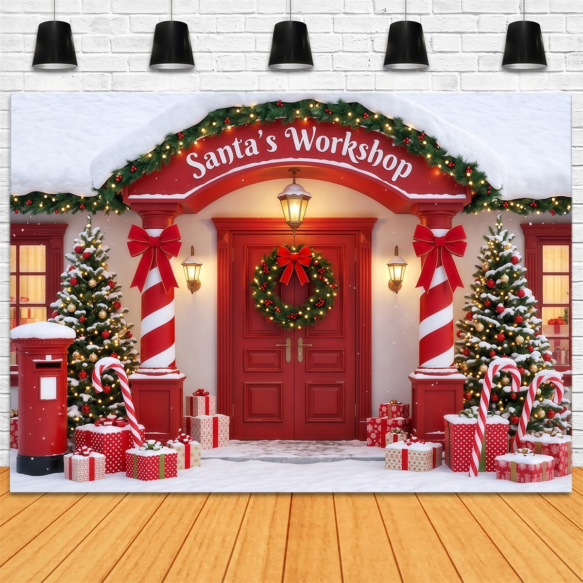 Santa's Workshop Backdrop Candy Cane Room Entrance Christmas Red Backdrop RR610-90