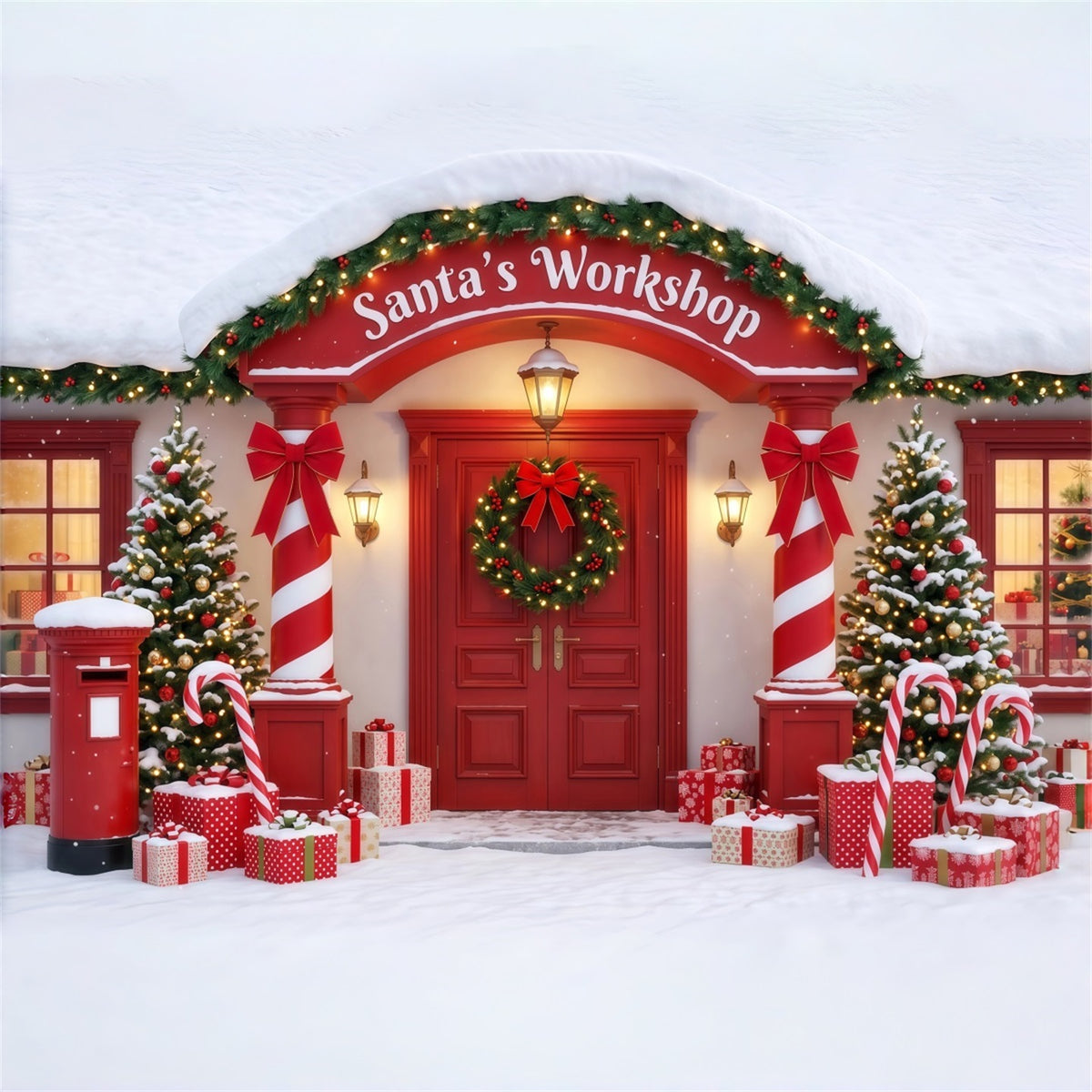 Santa's Workshop Backdrop Candy Cane Room Entrance Christmas Red Backdrop RR610-90