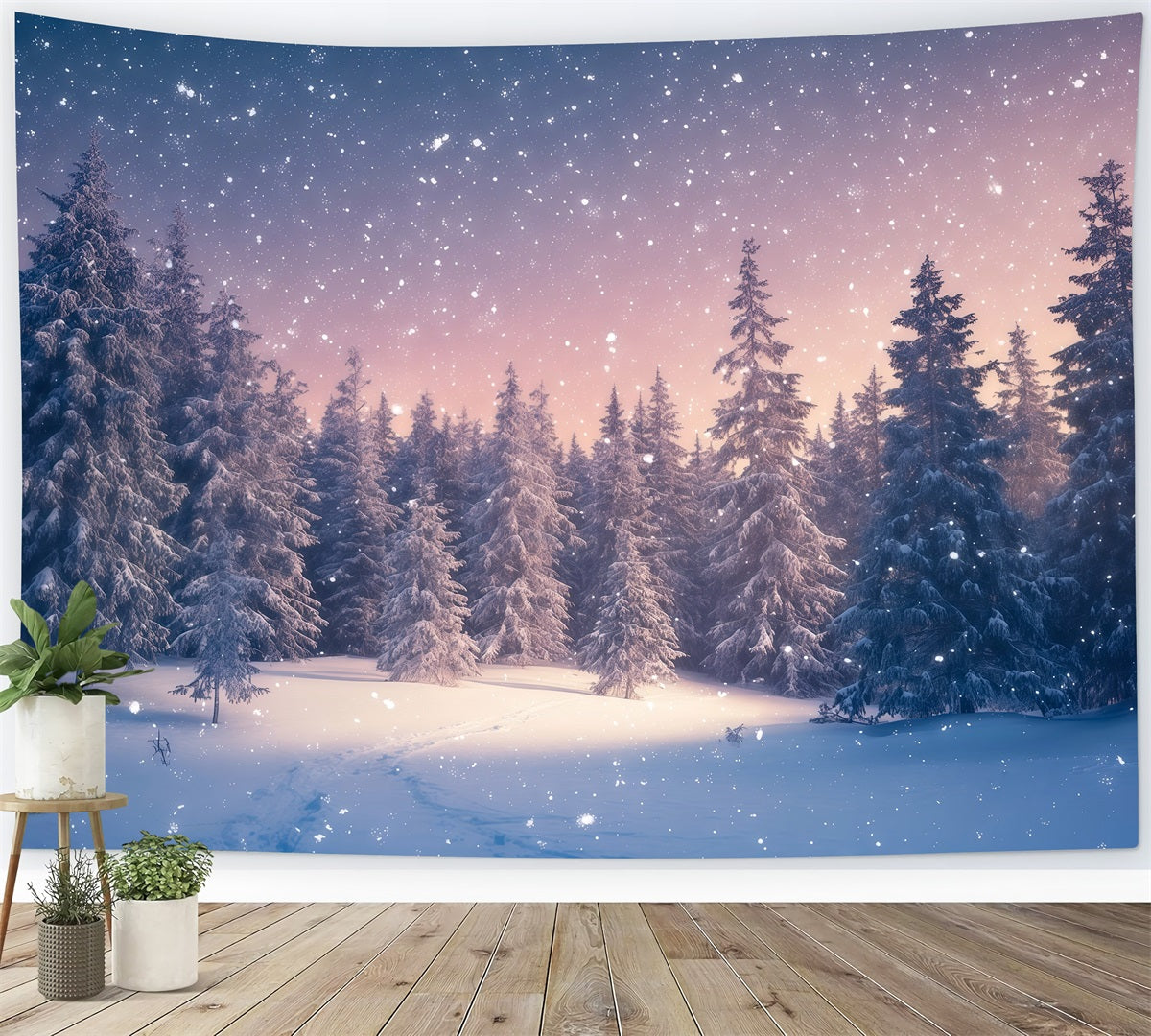 Christmas Tree Backdrops Snowy Twilight Evergreen Forest Xmas Backdrop RR610-92