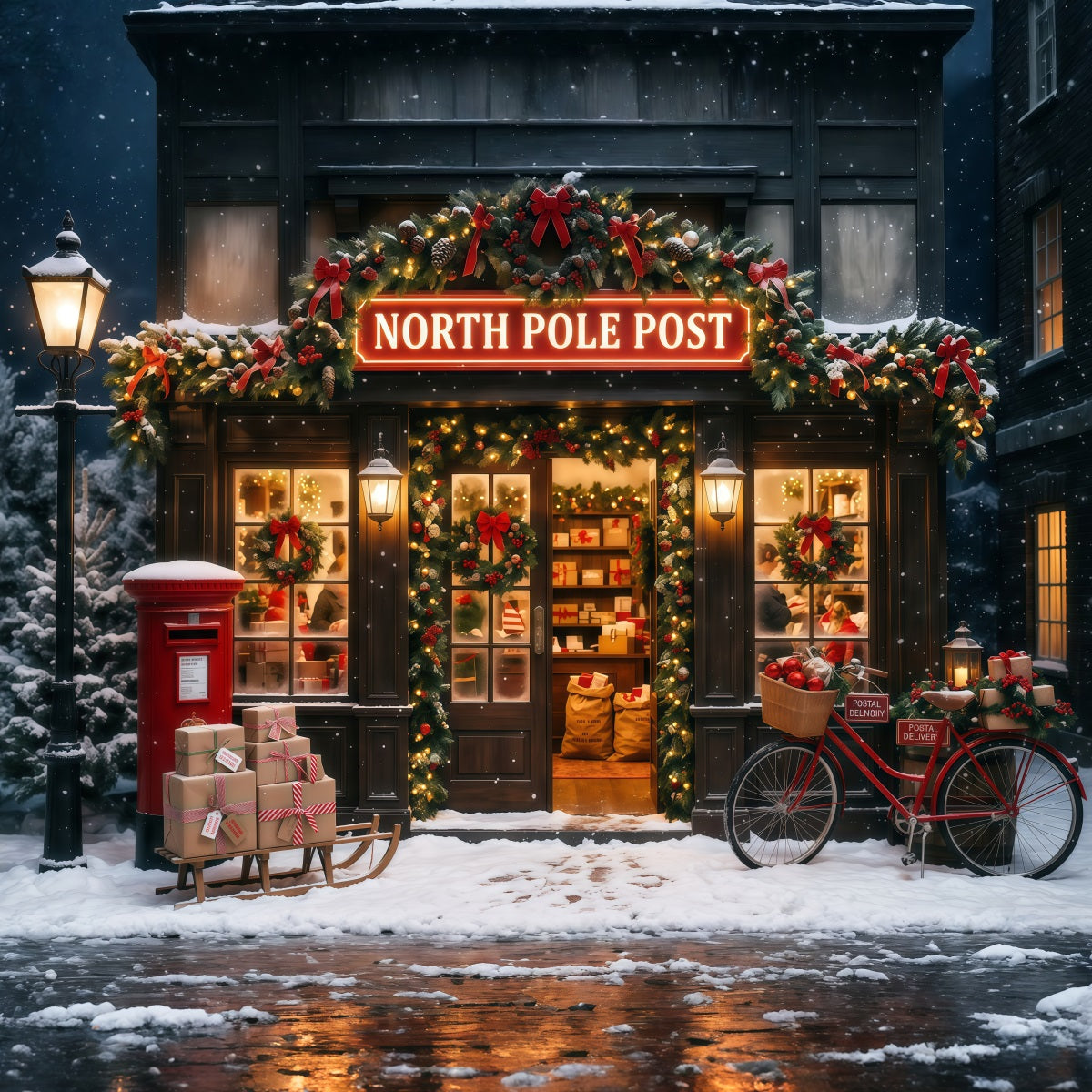 North Pole Photo Backdrop Snowy Post Office Christmas Photography Backdrops RR610-93
