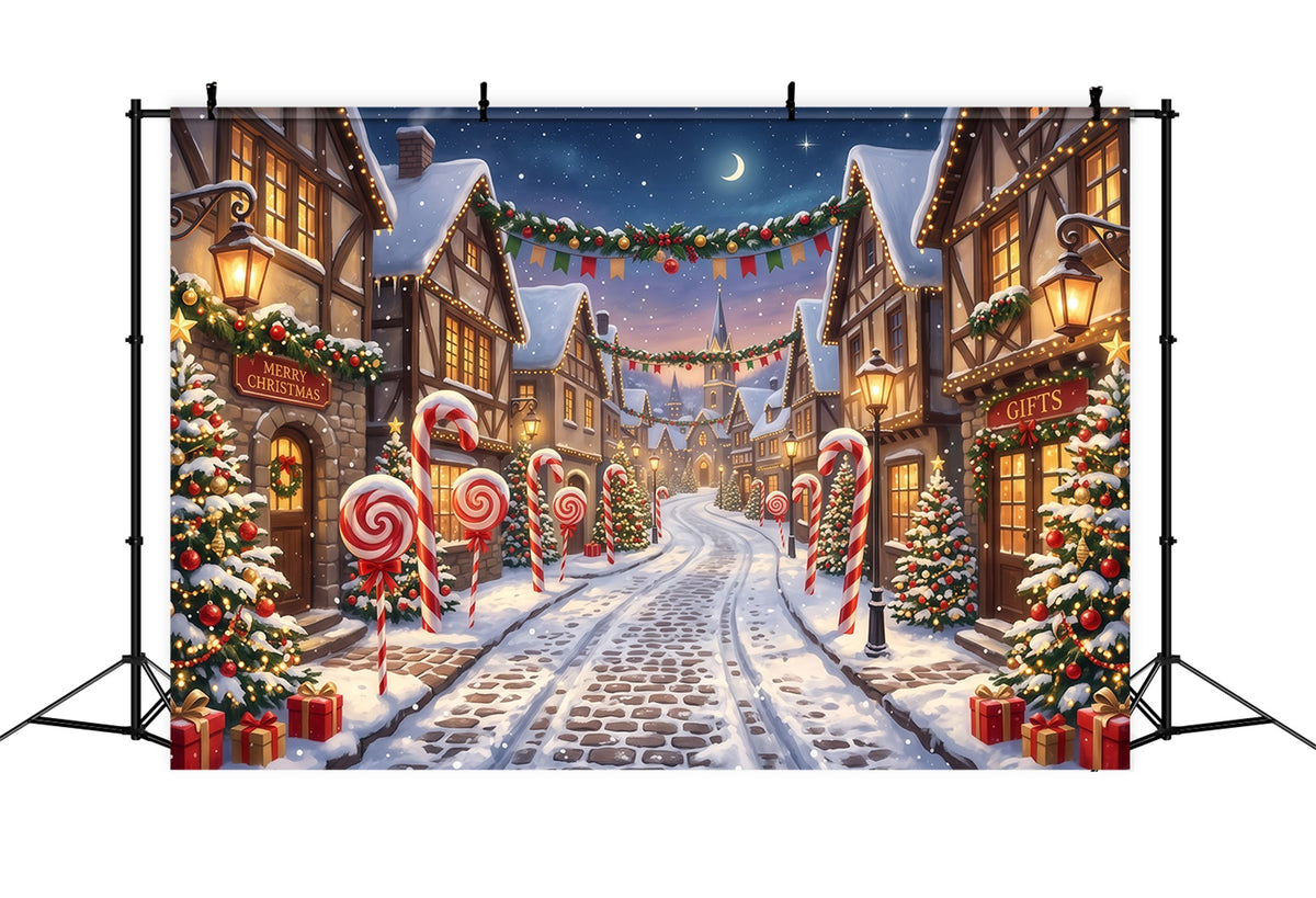 Christmas Village Backdrops Candy Cane Snow Street Photography Christmas Backdrops RR610-94