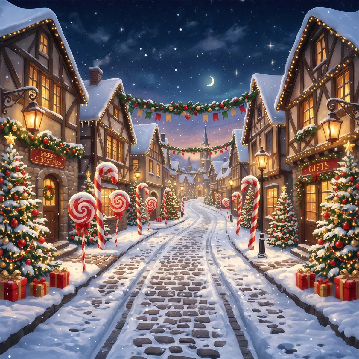 Christmas Village Backdrops Candy Cane Snow Street Photography Christmas Backdrops RR610-94