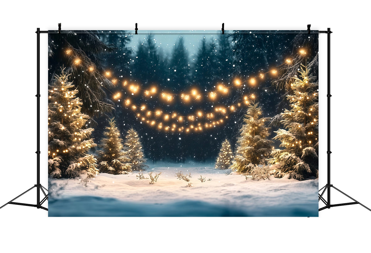 Christmas Tree Farm Backdrop Snowy Forest Golden Lights Christmas Tree Backdrops RR610-96