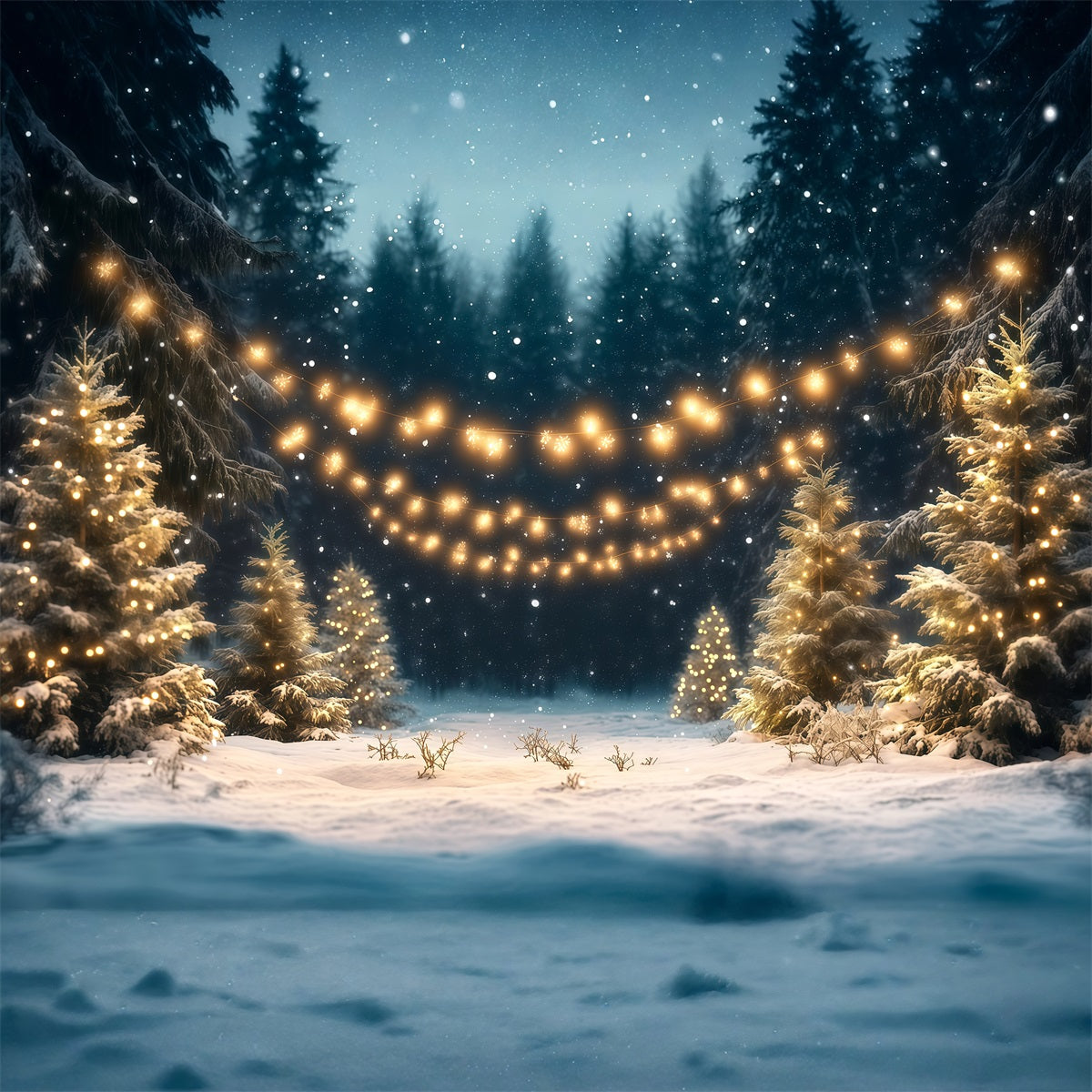 Christmas Tree Farm Backdrop Snowy Forest Golden Lights Christmas Tree Backdrops RR610-96