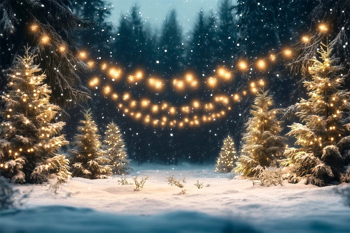 Christmas Tree Farm Backdrop Snowy Forest Golden Lights Christmas Tree Backdrops RR610-96