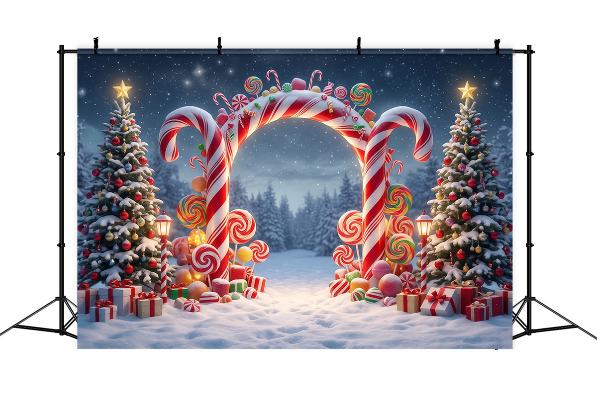 Christmas Candy Cane Backdrop Snowy Forest Lollipop Archway Christmas Party Backdrop RR610-98