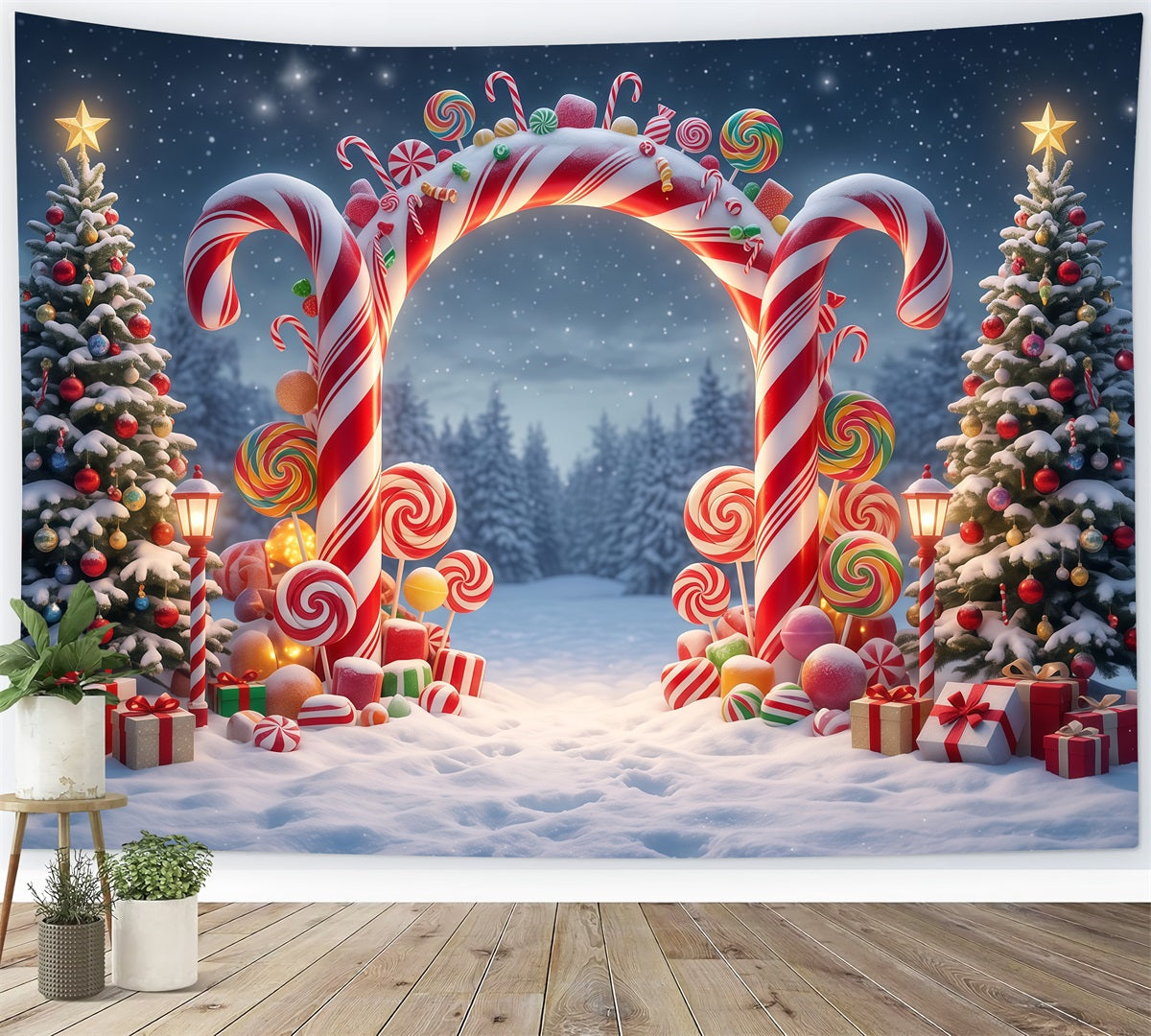 Christmas Candy Cane Backdrop Snowy Forest Lollipop Archway Christmas Party Backdrop RR610-98