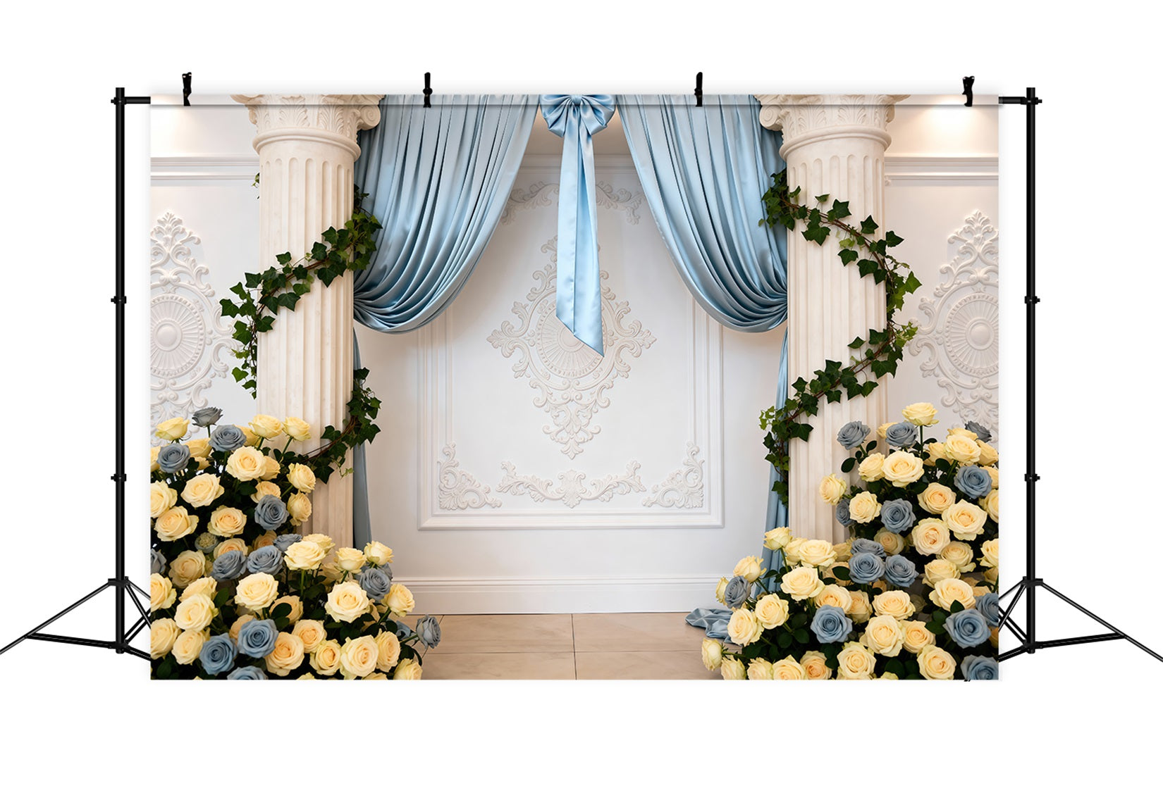 Spring Wedding Backdrop Blue Draped Rose Column Elegance Floral Backdrop RR62-10