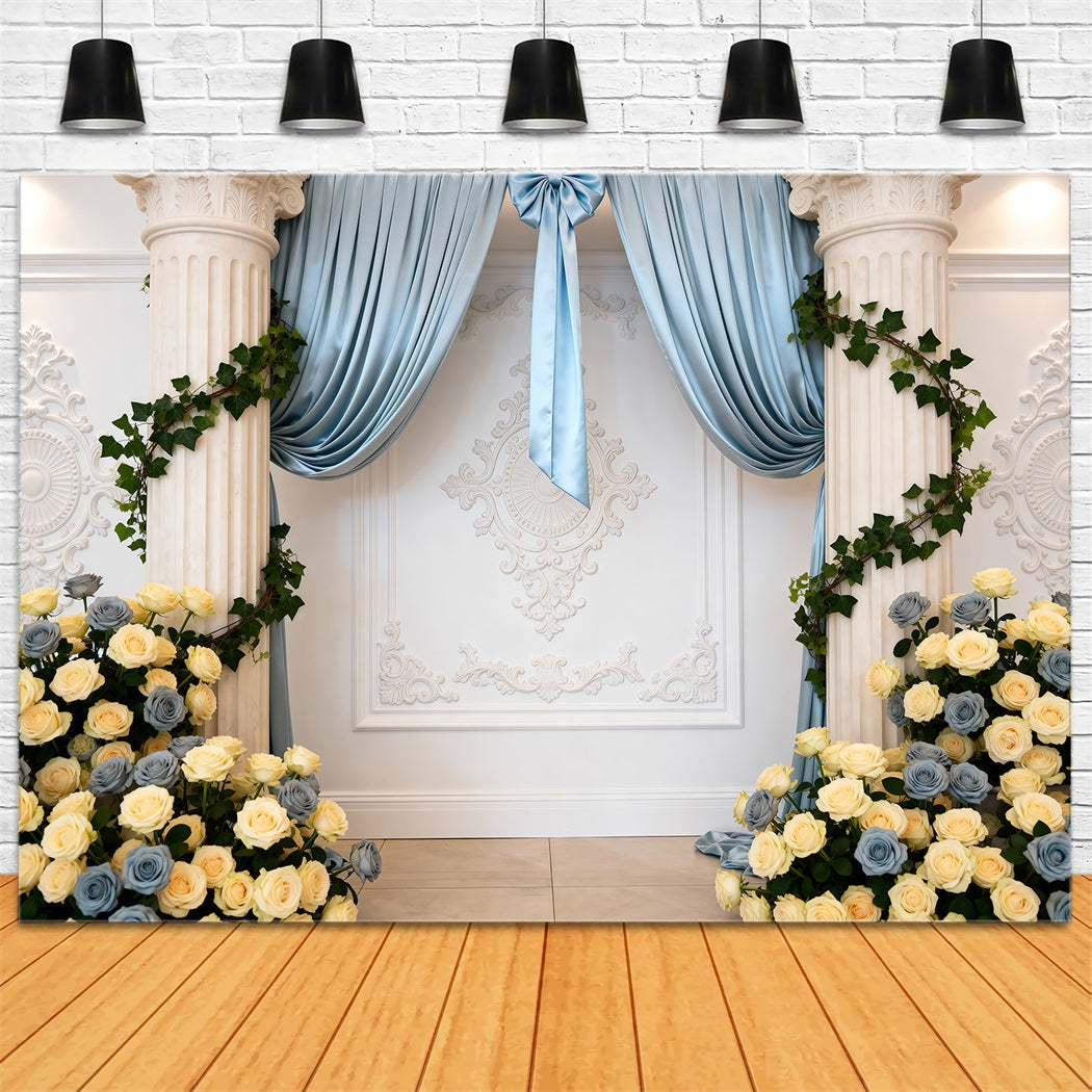 Spring Wedding Backdrop Blue Draped Rose Column Elegance Floral Backdrop RR62-10