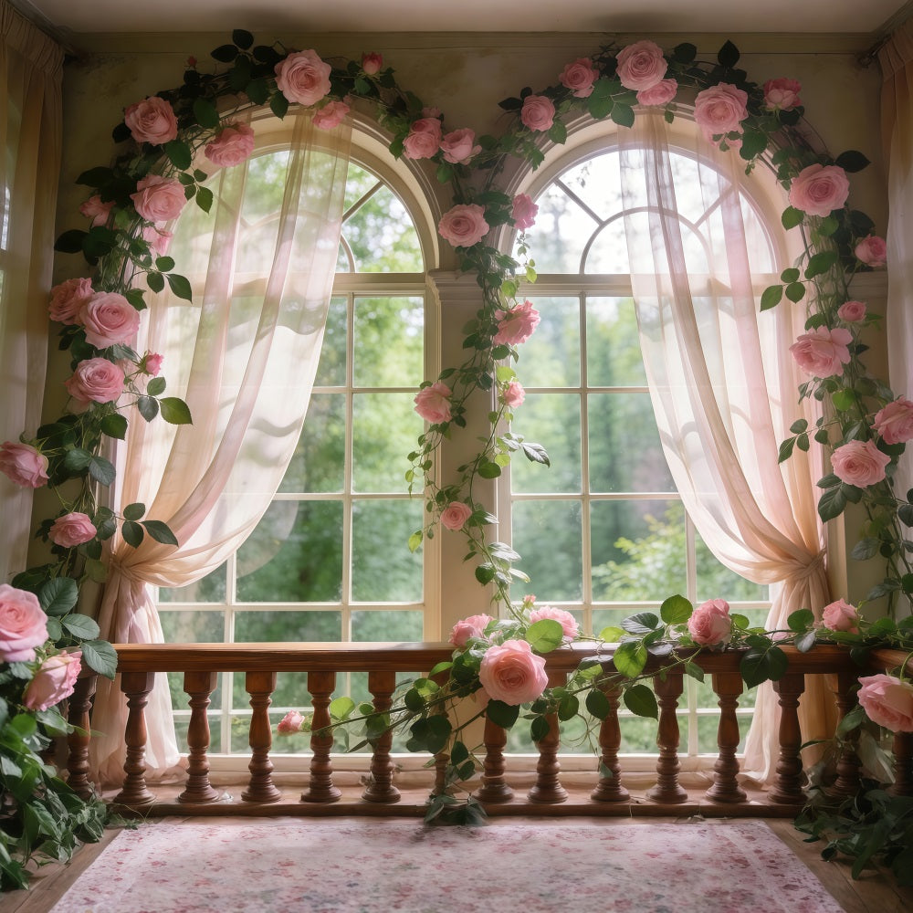 Rose Garden Backdrop Soft Pink Floral Window Glow Spring Photography Backdrops RR62-12