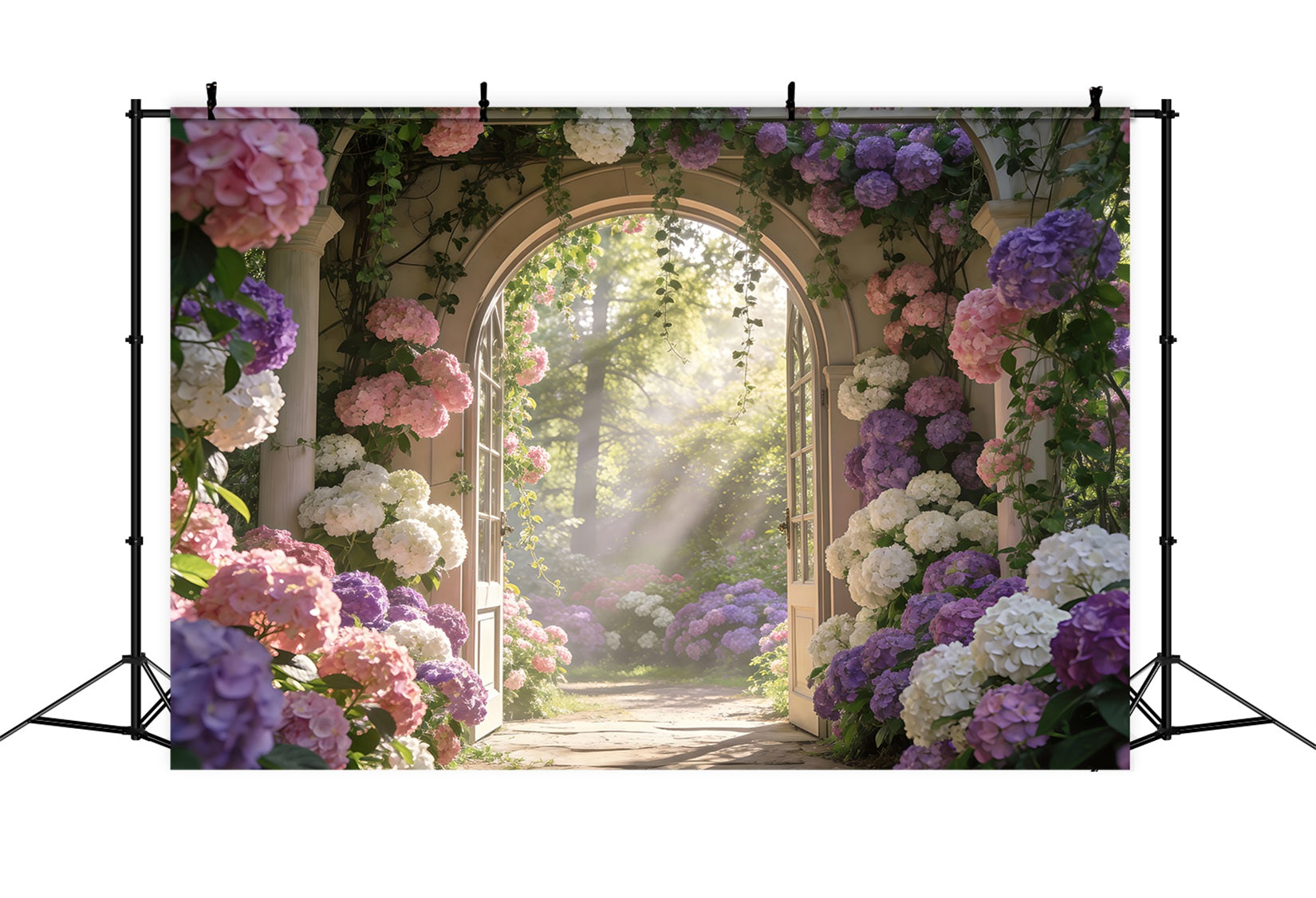 Enchanted Garden Photo Backdrop Sunlit Hydrangea Floral Archway Spring Backdrop RR62-13