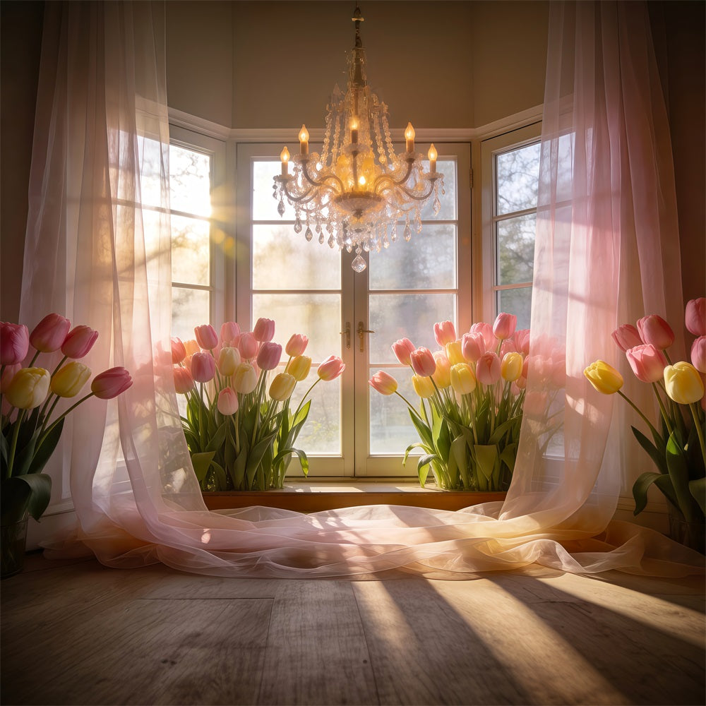 Tulip Backdrop Golden Sunlit Window Chandelier Spring Backdrops For Photography RR62-16