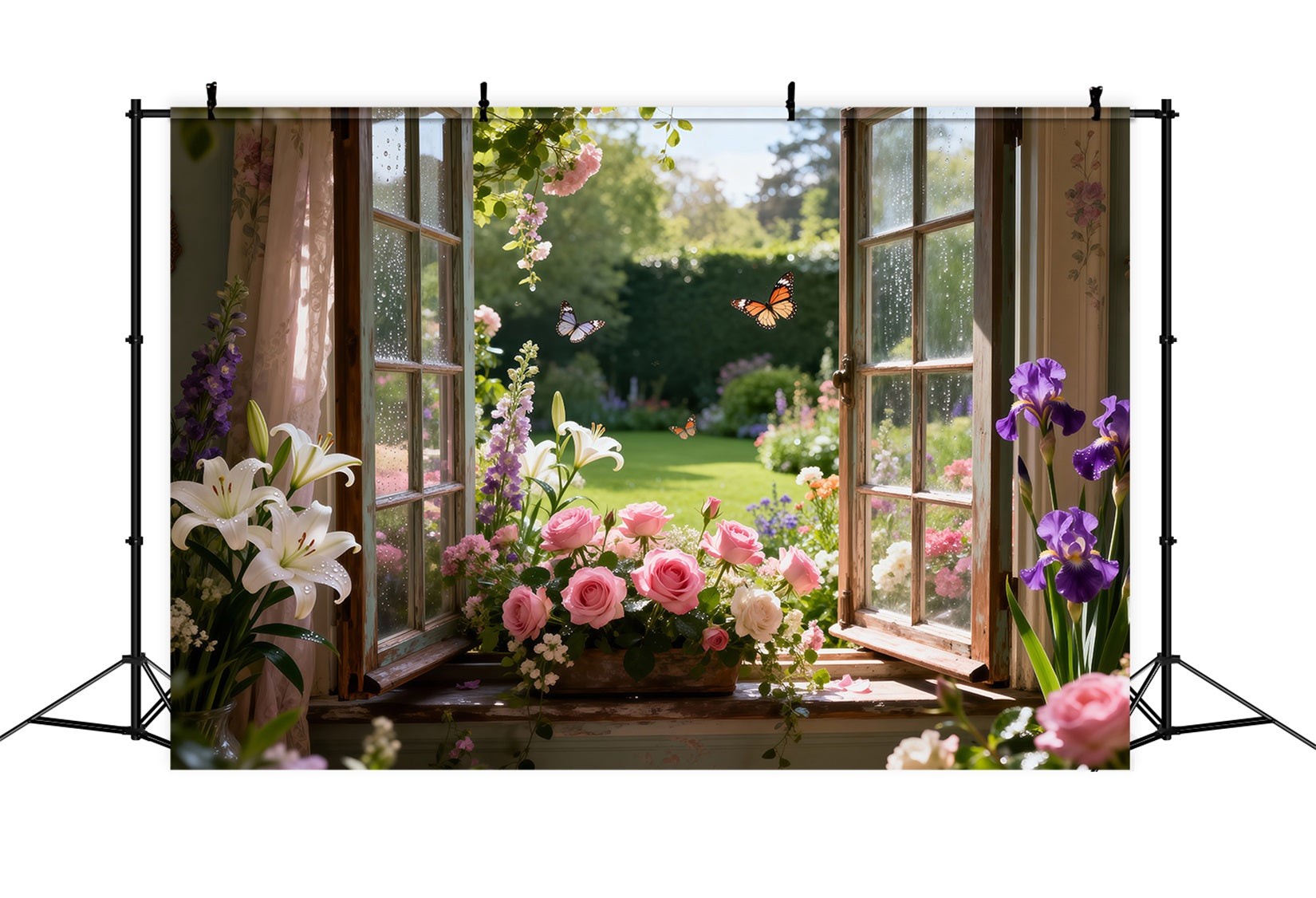 Butterfly Photo Backdrop Lily Rose Garden Window Bloom Springtime Backdrop RR62-17