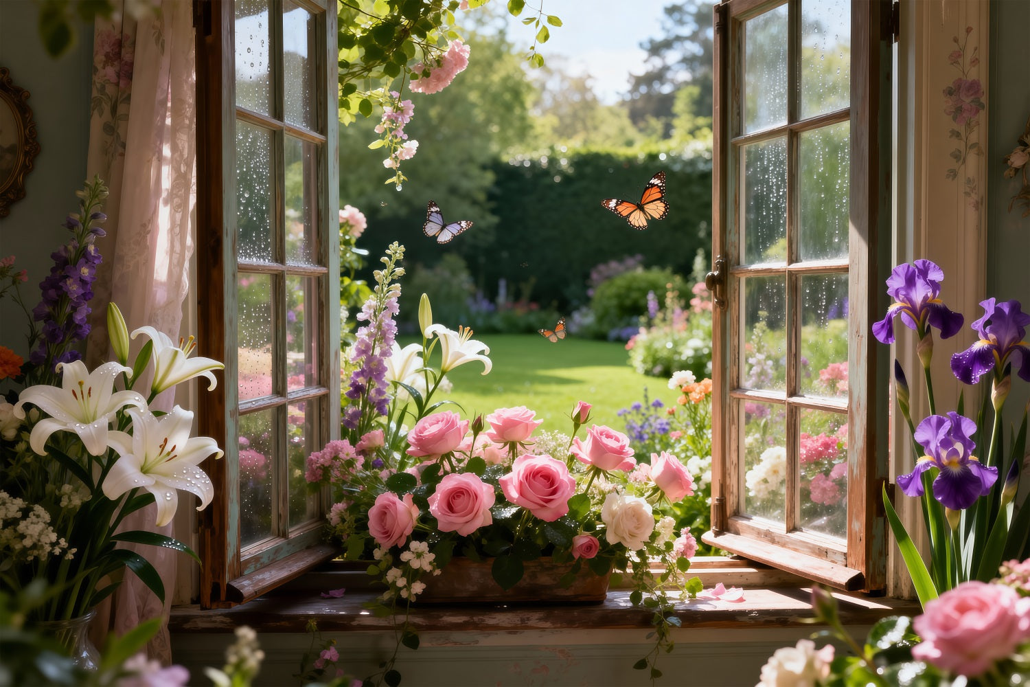 Butterfly Photo Backdrop Lily Rose Garden Window Bloom Springtime Backdrop RR62-17