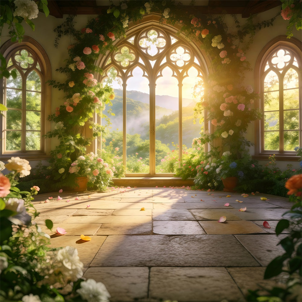 Spring Garden Backdrop Golden Valley Arch Window Floral Picture Backdrop RR62-19