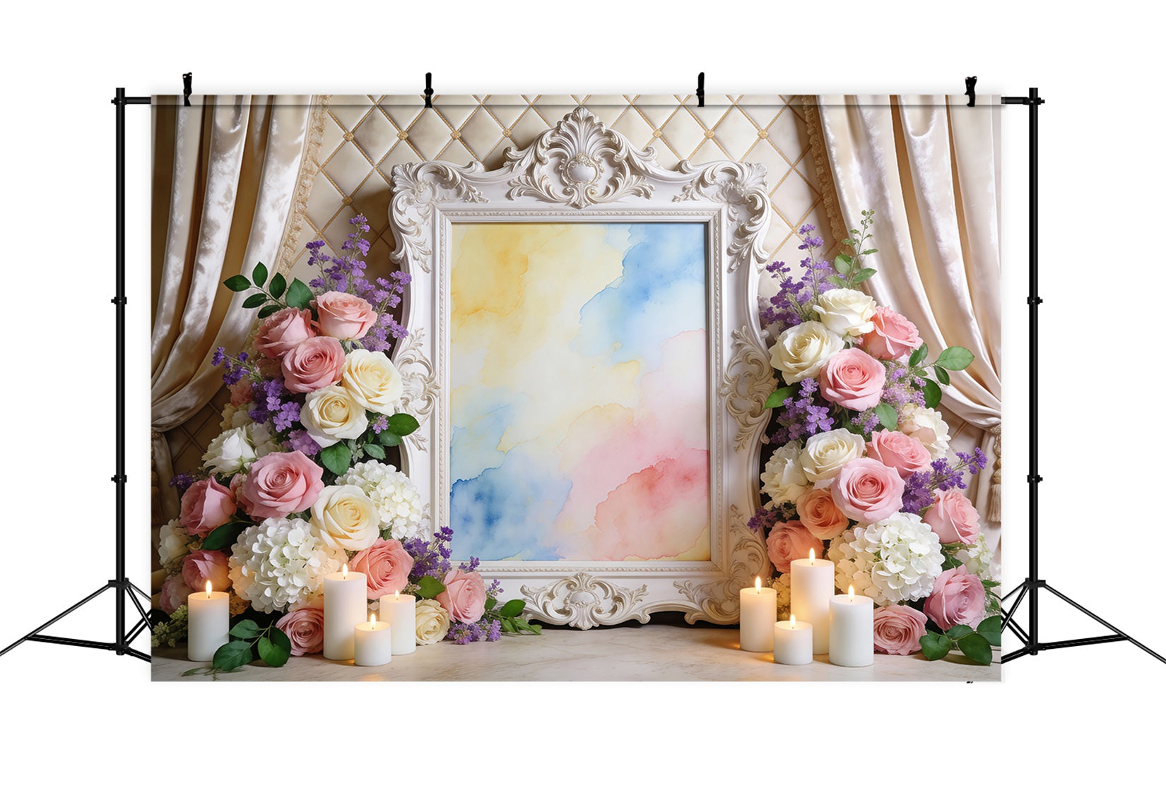 Spring Floral Backdrop Ornate Frame Watercolor Flowers Spring Backdrop Ideas RR62-2