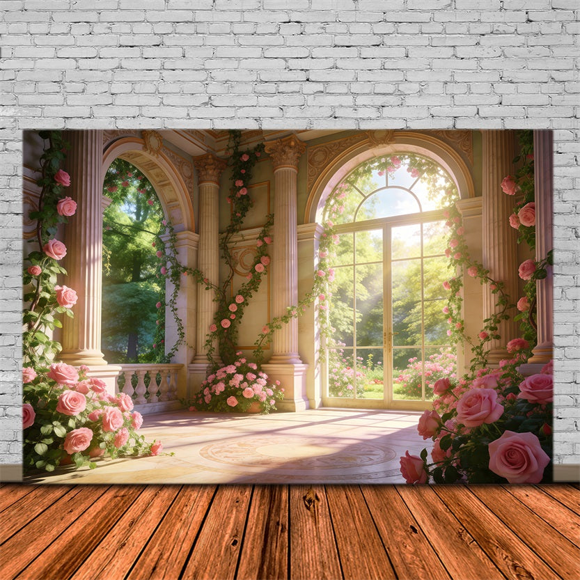 Rose Garden Backdrop Elegant Palace Flower Sunlight Spring Photo Backdrop RR62-20