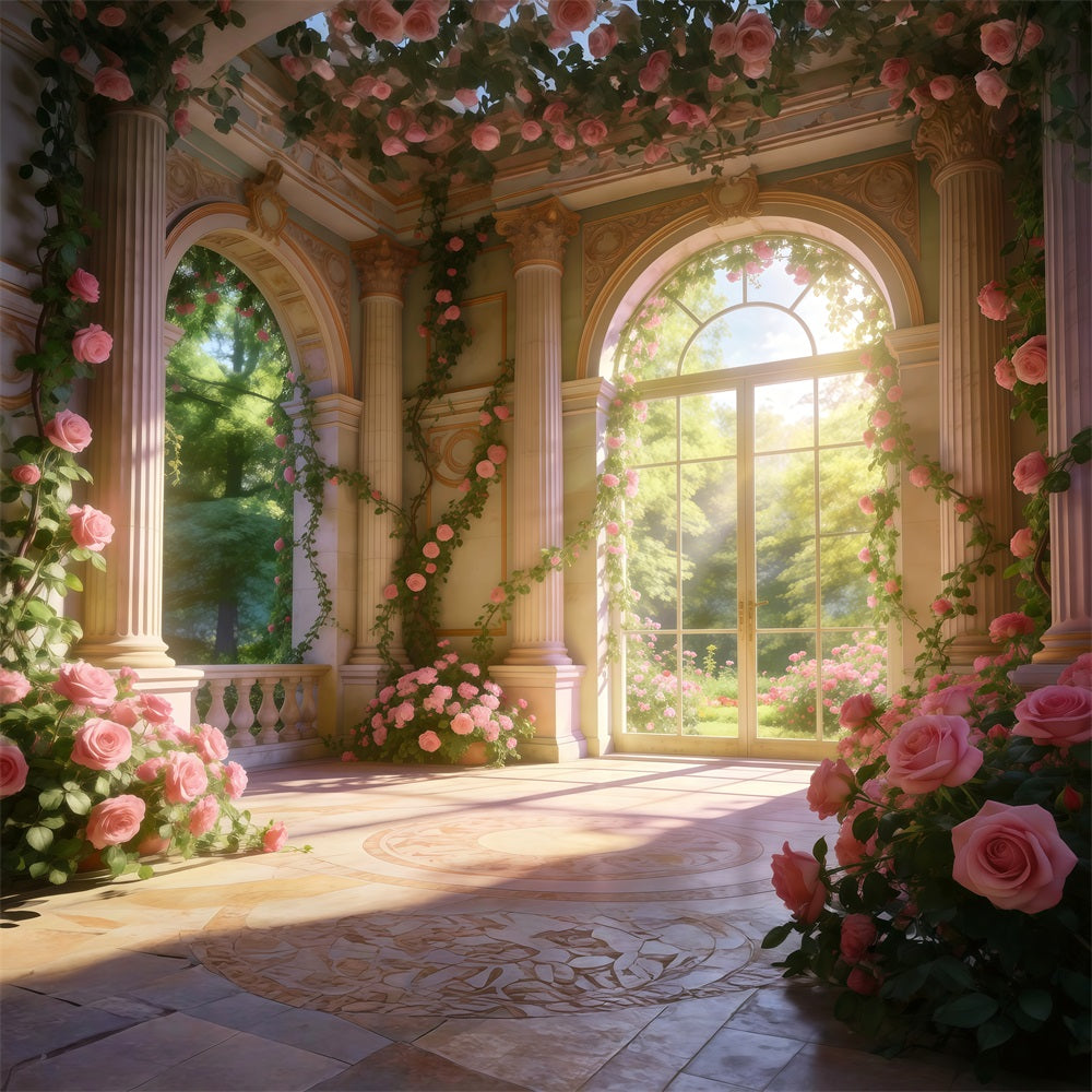 Rose Garden Backdrop Elegant Palace Flower Sunlight Spring Photo Backdrop RR62-20